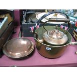 A XIX Century Copper Kettle, XIX Century Brass jam pan, XIX Century copper warming pan with a turned