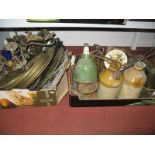 Stoneware Jugs, oil lamp, etc, pressed brass plates, light fittings, etc:- Two Boxes