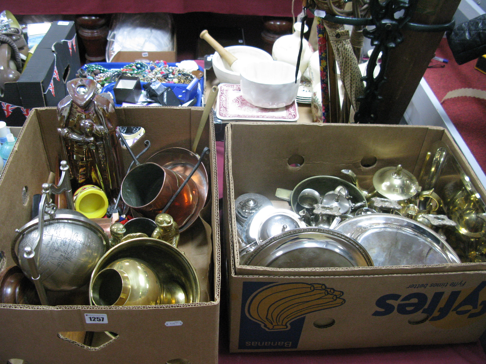 Knight Companion, copper measures, globe, plated ware, etc:- Two Boxes