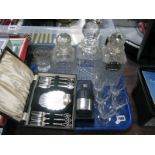 Three Decanters, cased cutlery, flask, glasses:- One Tray