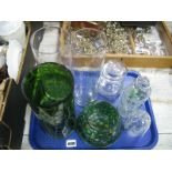 "Liberty Scents" Glass Bottles, green mosaic glass candle holder, toilet jar, tall glass vases,