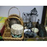 Plant Pot Holders, assorted baskets, brass door handles, brass charger, etc.