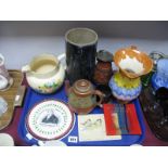 A XVIII Adam Clarke Pottery Wall Plaque, (damages), terracotta teapot, water jug, streaked jug,