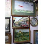 Edwardian Mahogany Framed Mirror, with bevelled glass, watercolour of a glider, R.B Starr, oil on