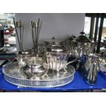 Plated Three Piece Tea Set, pair of modernist style candlesticks, oval tray, tea pot etc:- One Tray