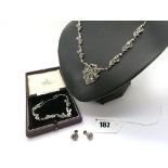 A Decorative Marcasite Set Necklace, of graduated design, stamped "Silver", on chain; together