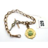 A 9ct Gold Elongated Curb Link Part Chain, suspending T-bar and medallion pendant, highlighted in