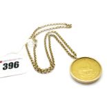 South Africa Krugerrand, 1972, loose set in 9ct gold pendant mount, on a belcher link chain.
