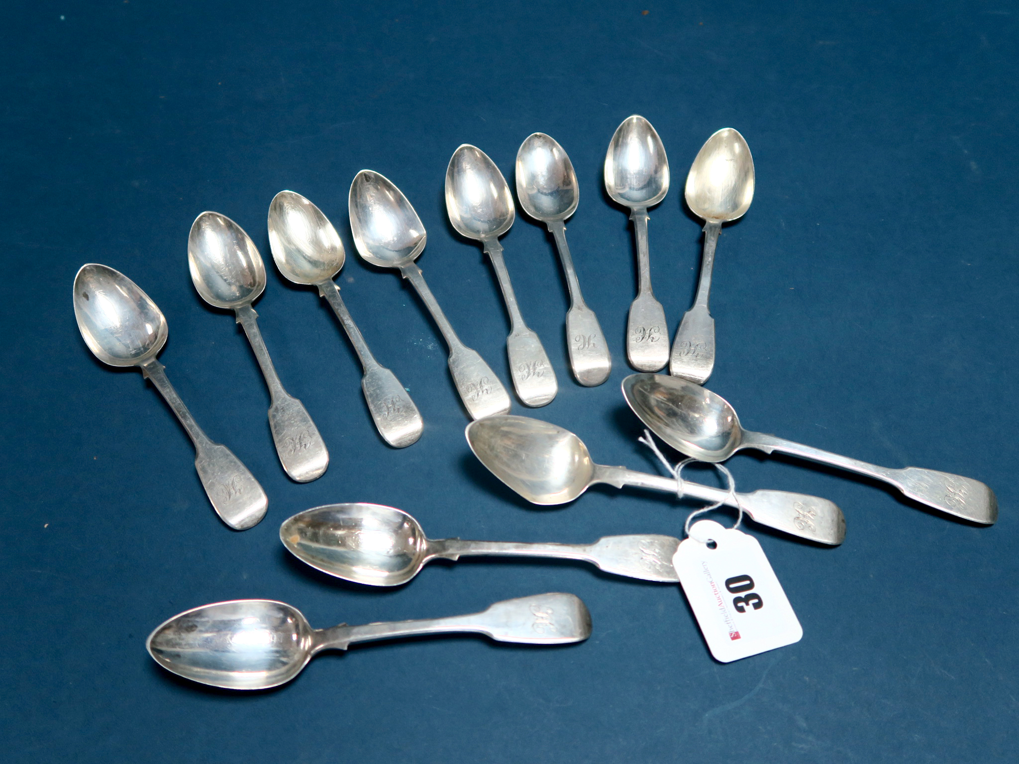 A Matched Set of Twelve Hallmarked Silver Fiddle Pattern Teaspoons, Samuel Hayne & Dudley Cater,