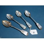 A Set of Four Hallmarked Silver Fiddle Pattern Table Spoons, JB, London 1832, crested, total