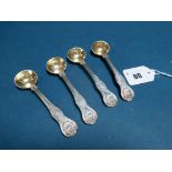 A Set of Four Hallmarked Silver Kings Husk Pattern Salt Spoons, WJ, London 1824, each with gilt