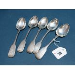 A Set of Five Irish Hallmarked Silver Fiddle Pattern Spoons, JB(?), Dublin 1836 initialled, total