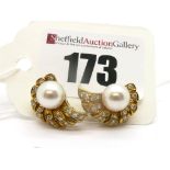 A Pair of 18ct Gold Pearl and Diamond Set Earrings, of fan design, each set to the centre with one