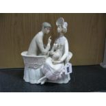 Lladro Pottery Figure Group, unglazed, featuring seated courting couple with dog, 26cm high.