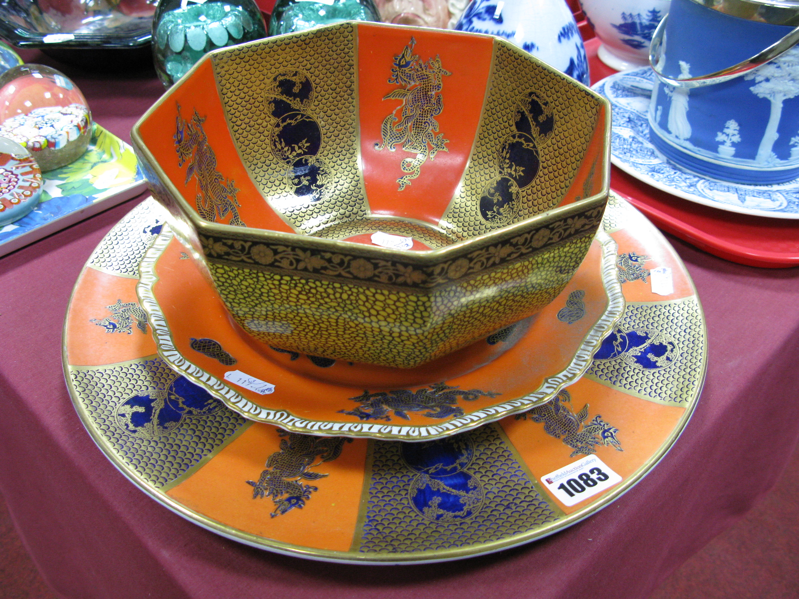 Mason's Ironstone Circular Charger, decorated with alternating panels of dragons and flowers against