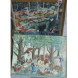 Children's Beatrix Potter Type Woodland Scene, unframed watercolour 37 x 49cm, unsigned, a similar