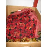 A Large (74" x 62") Velour Patterned Heavy Tablecloth, plus another red patterned tasseled