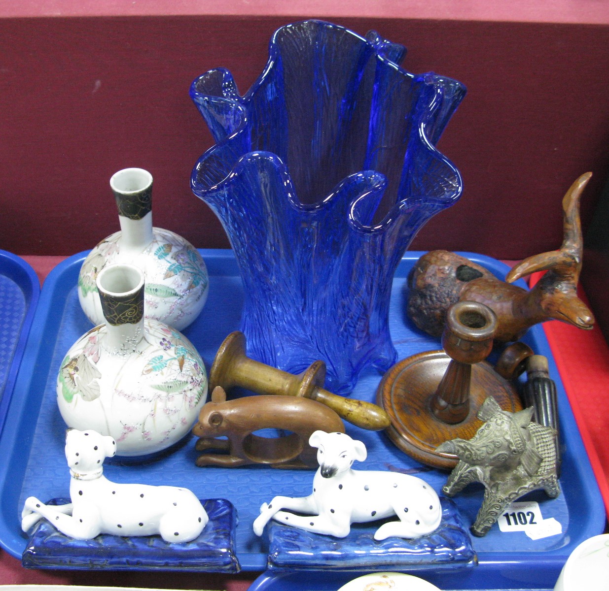 A Pair of Oriental Vases, blue glass vase, oak chamber candlestick, etc:- One Tray