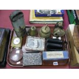 Counter Bell Clocks, autograph album, dominoes, magnifier, binoculars etc:- One Tray