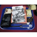 A 1930's Vanity Set, Pifco lamp, magnifier, 1950's tram photo's etc:- One Tray