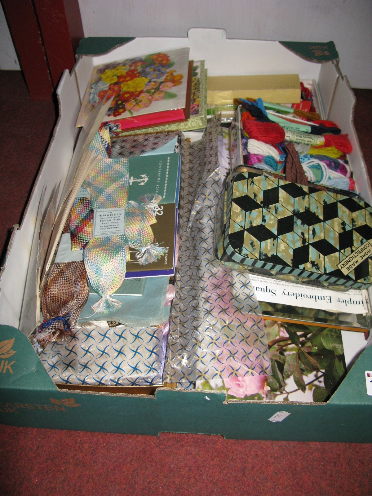 Wools, Cottons, Buttons, Needles, other handicraft items:- One Box