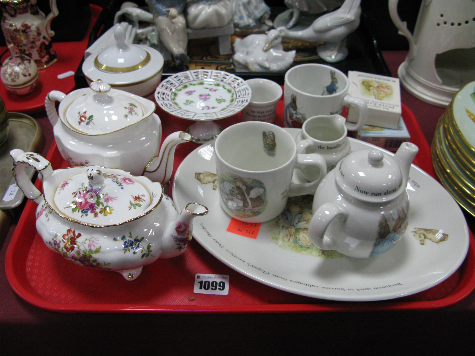 Hammersley and Royal Corwn Derby 'Derby Posies' Teapots, Wedgwood Peter Rabbit ware, etc:- One Tray