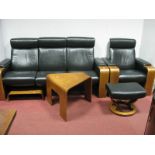 A Stressless Ekornes Five Piece Lounge Suite, in stitched black leather, incorporating a three-