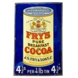 An Enamelled Advertising Wall Sign, Fry's - Breakfast Cocoa, circa early XX Century, featuring tin