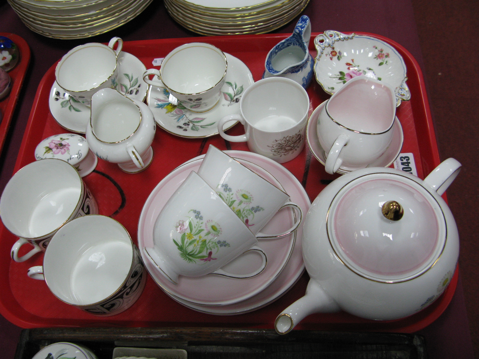 A Susie Cooper 'Romance' Pink Tea for Two, Crown Derby pin tray, Doulton Maori Art cups etc:- One