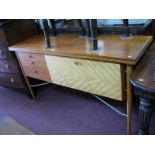 Heals Style Teak Sideboard, with a fall front cupboard door, three small drawers, on circular