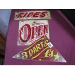 Three Painted Fun Fair Signs, - "Rides", "3 Darts £1" and "Open".