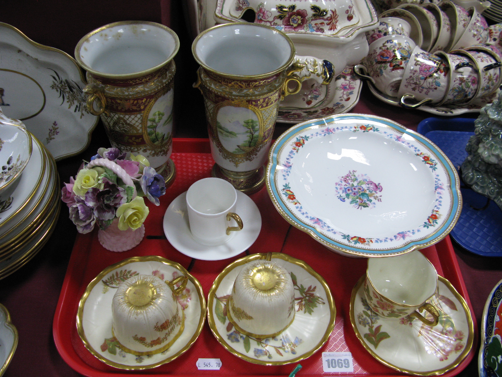 Three Royal Worcester Cabinet Cups and Saucers, Noritake Vases (damaged), dessert comport etc.