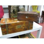 A Victorian Walnut Writing Slope, lacking interior, brass strapwork, corner protectors and blank