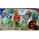 Glass Paperweights, to include mushroom, swirl, Murano Galleon. (16):- One Tray