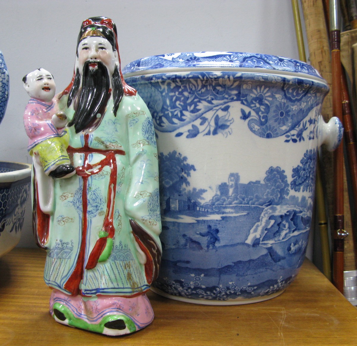 A Spode 'Italian' Pattern Slop Bucket and Cover, (lacking cane swing handle), and a Chinese model of