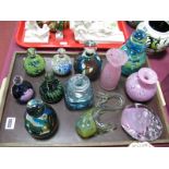 Mdina Glass Green Swirl Design Scent Bottle, six knop handled paperweights, swan, wavy bodied