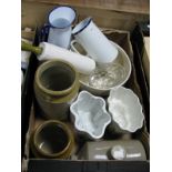 A Nutmeg Rolling Pin, jelly moulds, stoneware jars, jugs etc: One Box