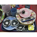 Wedgwood Jasperware, cabinet plates, pin dishes, vase, tankard etc in powder pink, blue and black,