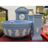 A Wedgwood Powder Blue Three Piece Clock Garniture Set, plus fruit bowl.