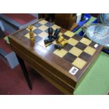 A Late XIX Century Mahogany Inlaid Folding Backgammon/Chess Board, and playing pieces, 37 x 23cm.