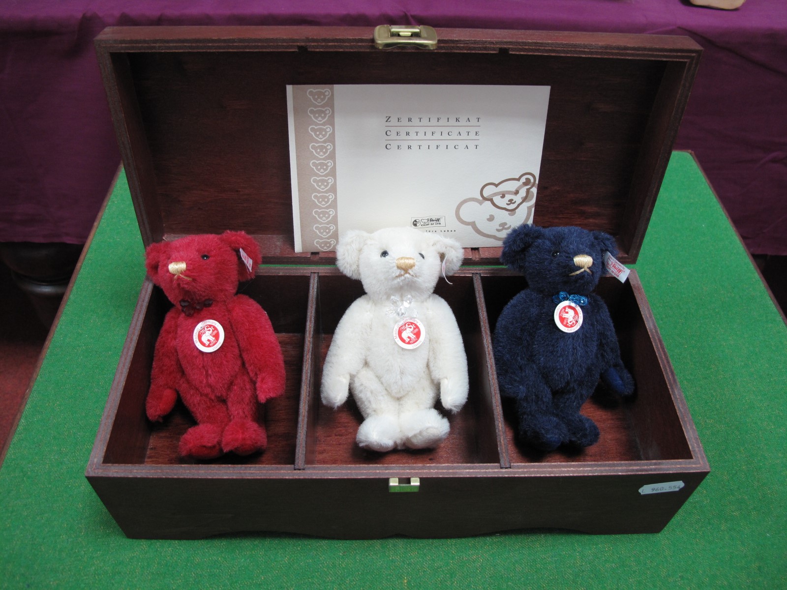 Steiff Jewellery Box Set, #669668, wooden box,34 x 15 x 11cm containing three miniature modern