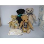 Four Modern Classic Teddy Bears, two Merrythought Bears, one with own passport. An original '