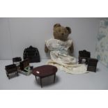 A Quantity of Dolls House Furniture, (some requiring repair). Plus a well loved teddy bear