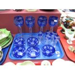 Blue flash unnamed glassware, comprising hock and liquor glasses, shallow cups:- One Tray.