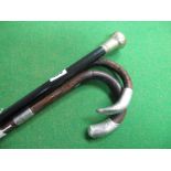 Two Silver Tipped Walking Canes, plus a waking stick with silver plated mount. (3)