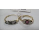 An 18ct Gold Ring, graduated claw set, (one stone missing); together with a five stone ring,