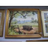 Rex Preston, Country Field with Stone Trough and Gate in Foreground, 43.5 x 54cm, signed and