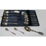 A Set of Five Hallmarked Silver Art Deco Style Coffee Spoons, in a associated case; together with