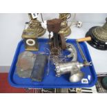 A Brass Cased Carriage Clock, spectacles, trinket box, plaques, mincer, etc:- One Tray