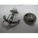 A Victorian Malachite Inset Anchor Brooch, with inset oval highlights and applied open twist detail;